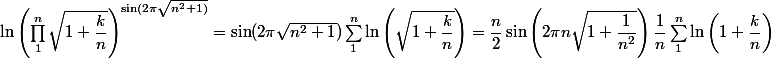 \ln \left( \prod_1^n \sqrt {1 + \dfrac k n} \right)^{\sin (2\pi \sqrt{n^2 + 1)}} = \sin(2\pi {\sqrt {n^2 + 1}) \sum_1^n \ln \left( \sqrt {1 + \dfrac k n} \right) = \dfrac n 2 \sin \left(2\pi n \sqrt {1 + \dfrac 1 {n^2}} \right) \dfrac 1 n \sum_1^n \ln \left( 1 + \dfrac k n\right) 